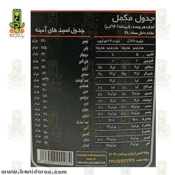 جدول ترکیبات پودر مکمل سوپر سایز اپکس 4540 گرم اپکس در داروخانه بانی دارو