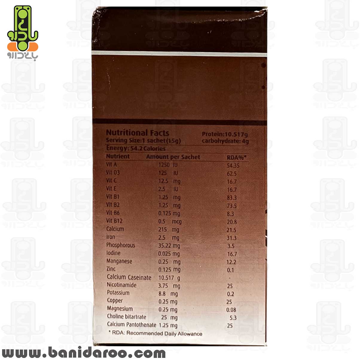 ترکیبات و جدول غذایی پودر V M پروتئین ایران دارو 150 گرمی در بانی دارو